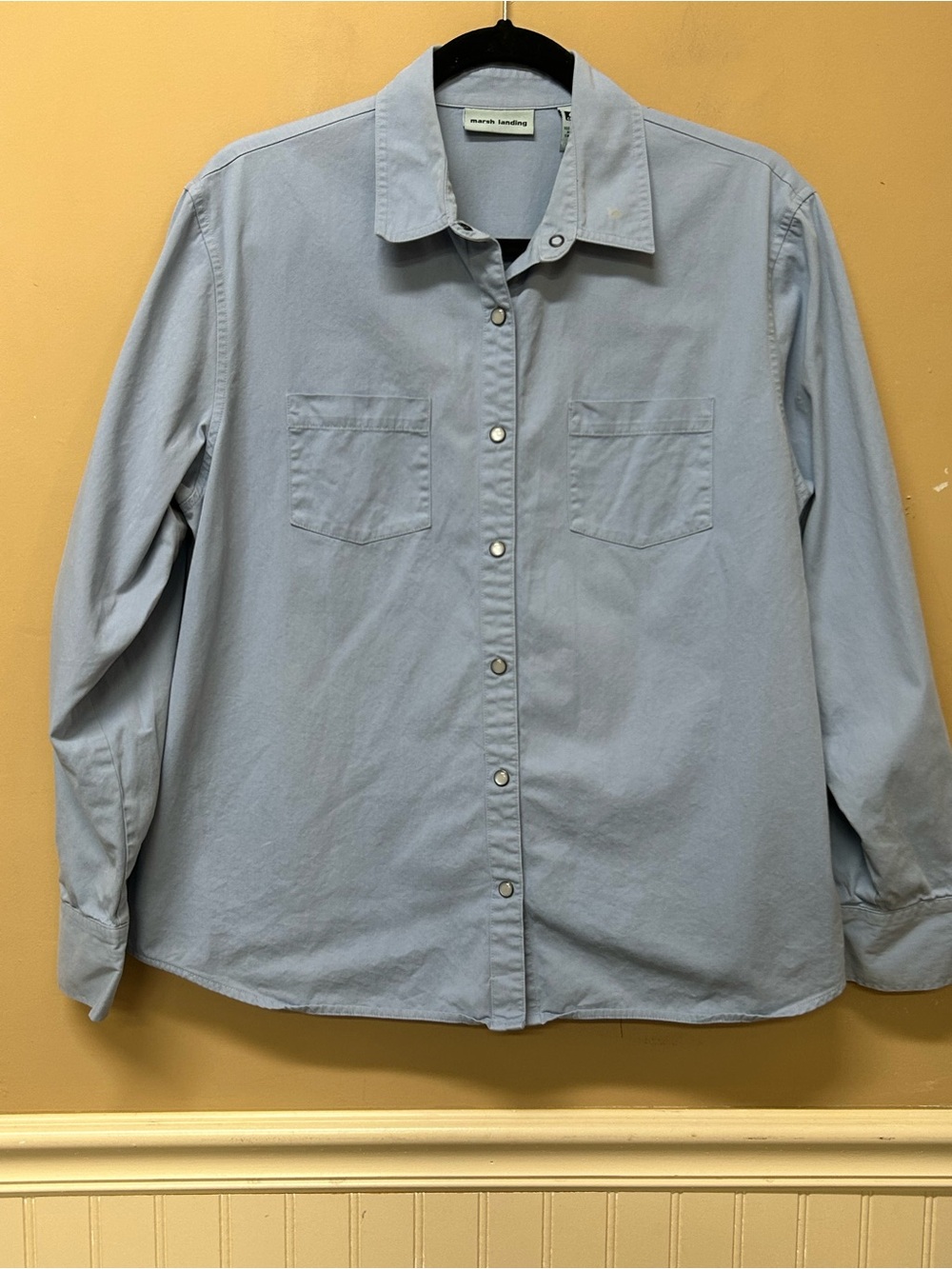 Damaged Marsh Landing Blue Long Sleeve Shirt Pearl Snap Size Large